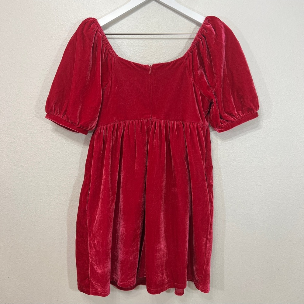 English Factory Rasbperry Red Pink Puff Sleeve Velvet Babydoll Dress Size Small - Picture 6 of 9